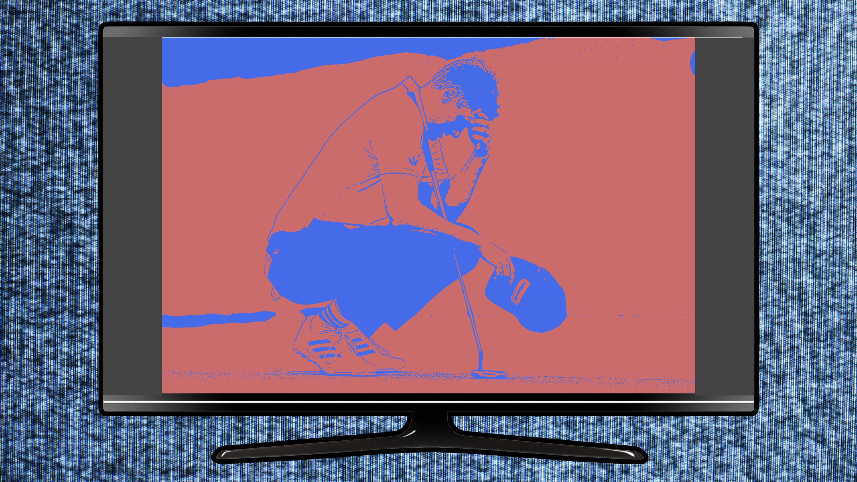 An image of Ludvig Aberg on television, looking deflated at the US Open with his head in his hands, with a background of distorted television white noise