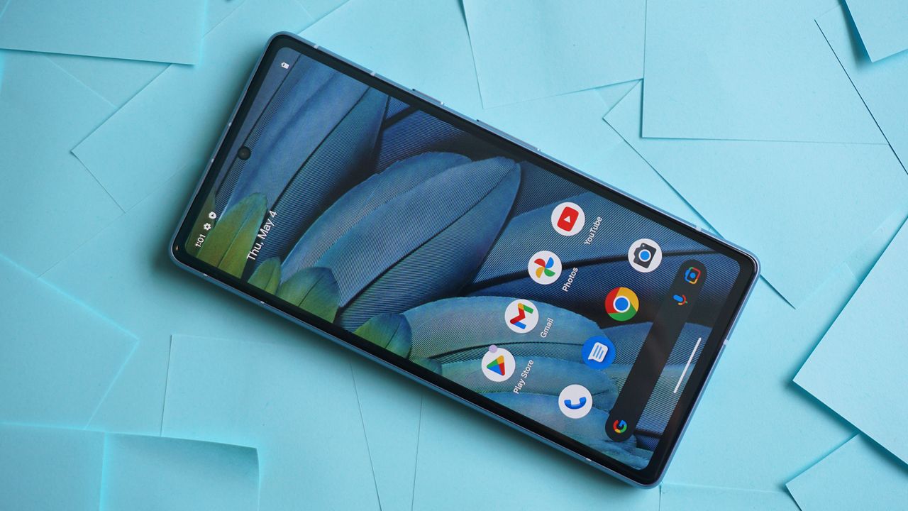Google Pixel 7a review front angled head on sticky notes