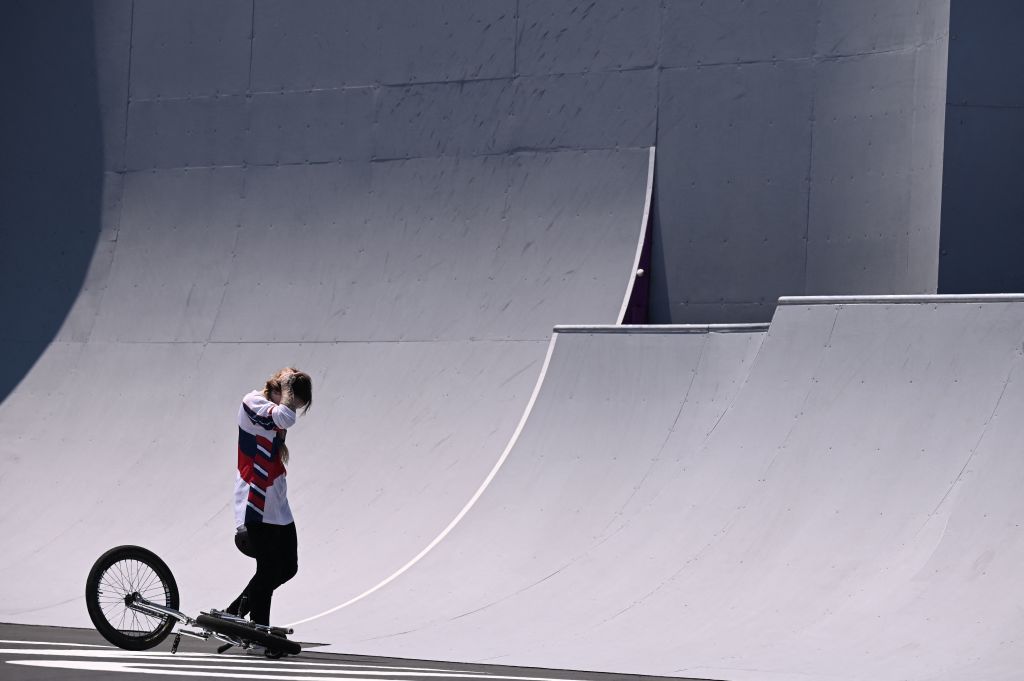Russias Elizaveta Posadskikh falls in the cycling BMX freestyle womens park final at the Ariake Urban Sports Park during the Tokyo 2020 Olympic Games in Tokyo on August 1 2021 Photo by Jeff PACHOUD AFP Photo by JEFF PACHOUDAFP via Getty Images