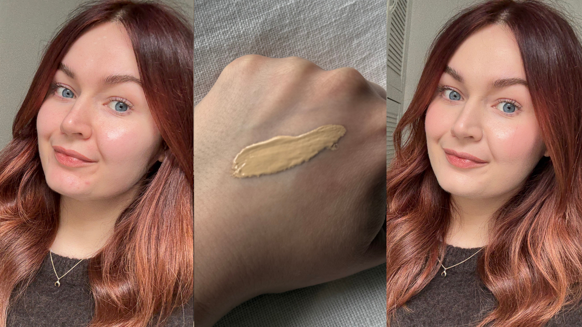 Trio of images showing Lucy before applying the Sculpted by Aimee Satin Silk Foundation (left) a swatch of the product (centre) and wearing the foundation (right)