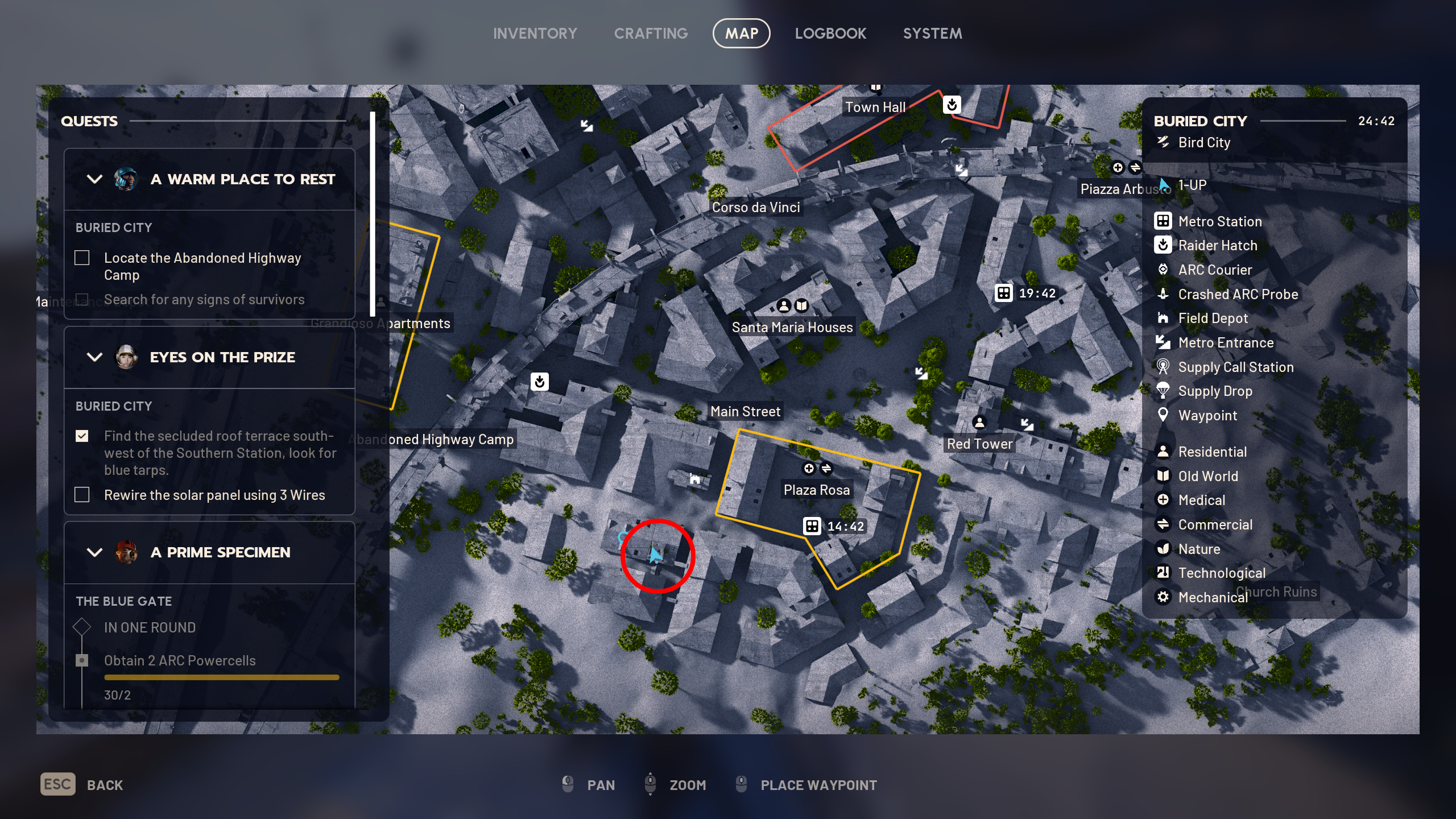 Arc Raiders Eyes of the Prize: A map with a red circle highlighting the location of the secluded roof terrace in Buried City.