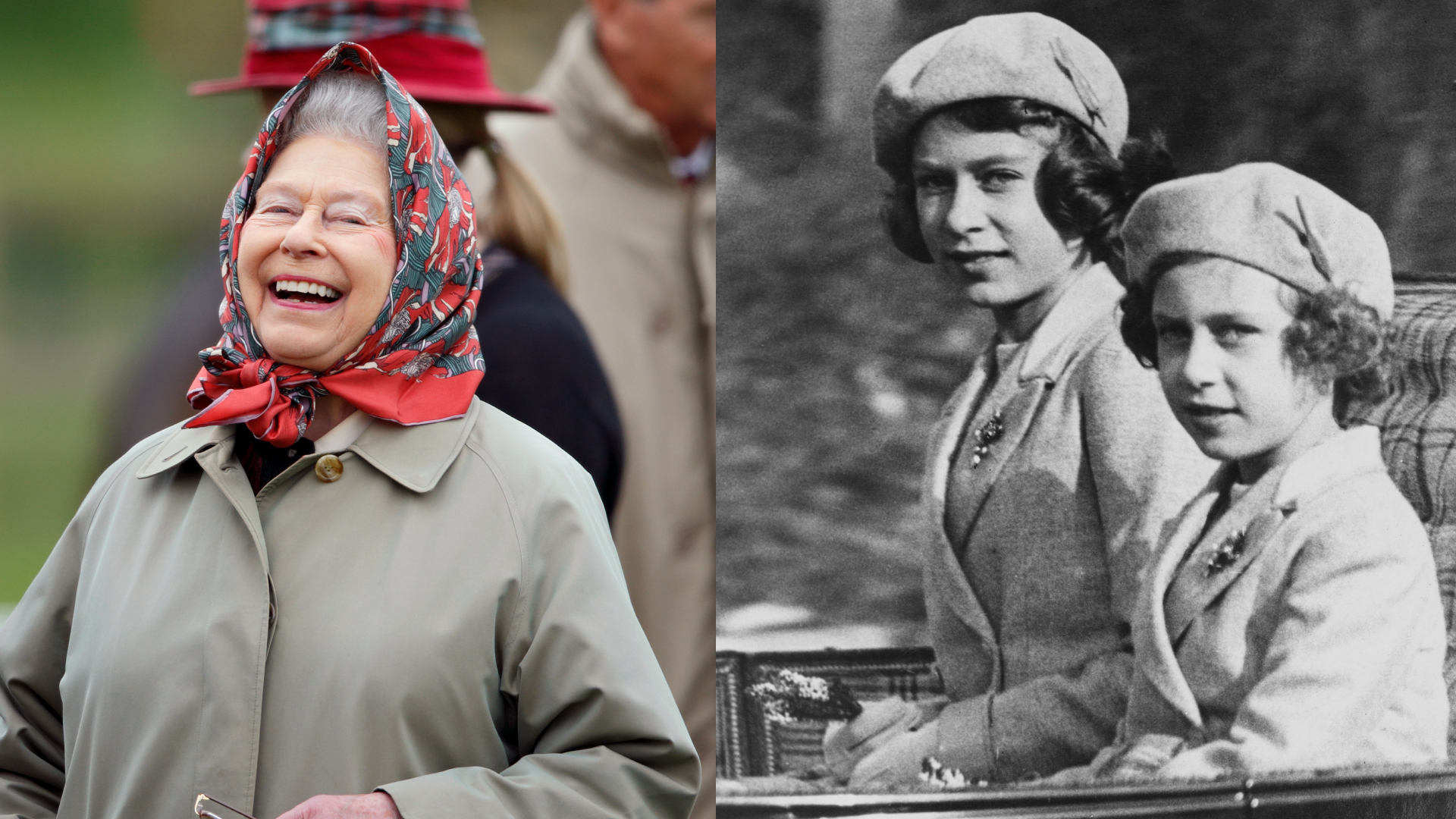 Queen Elizabeth laughing wearing a red head scarf; a black and white photo of Princess Margaret and Queen Elizabeth as children riding in a carriage wearing matching berets and coats
