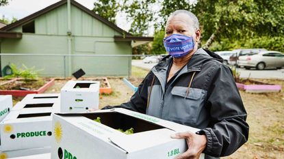 Photo of a man holding a box of produce wearing a mask that says "vote.'