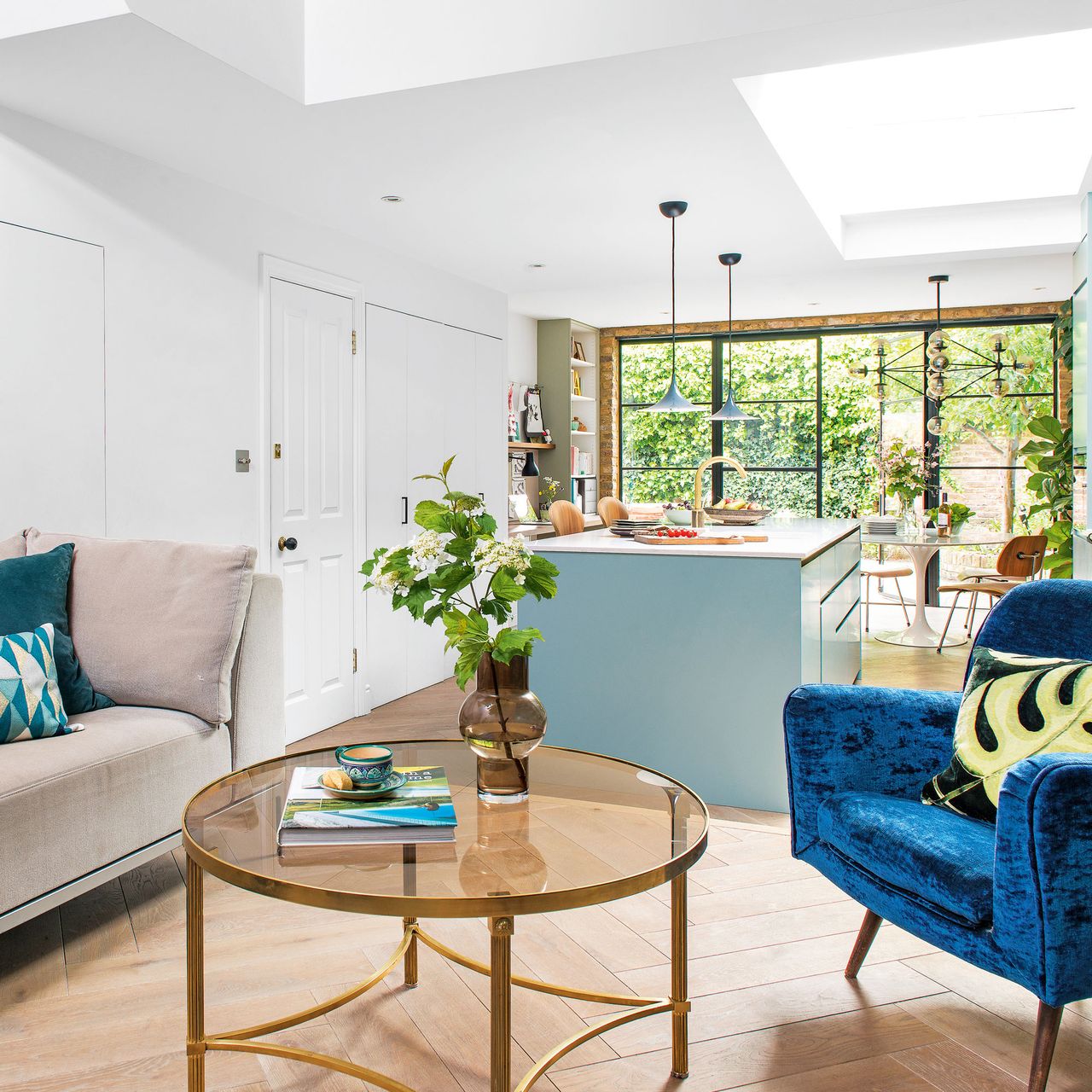 herringbone flooring in open plan living area