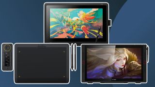 Product shots of the various best drawing tablets for animation on a dark background
