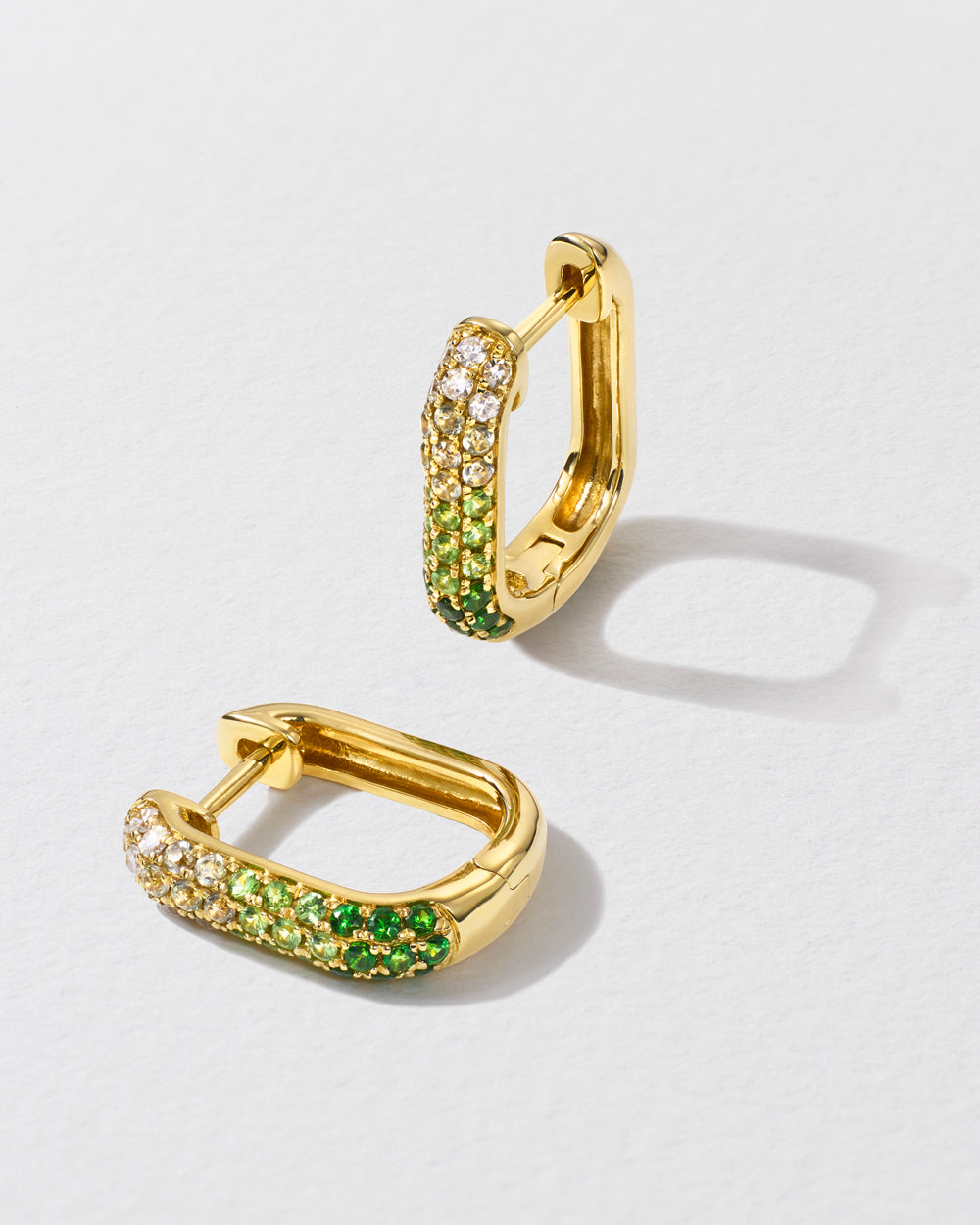 Diamond &amp; Green Sapphire Oval Hoop Earrings - Yellow Gold