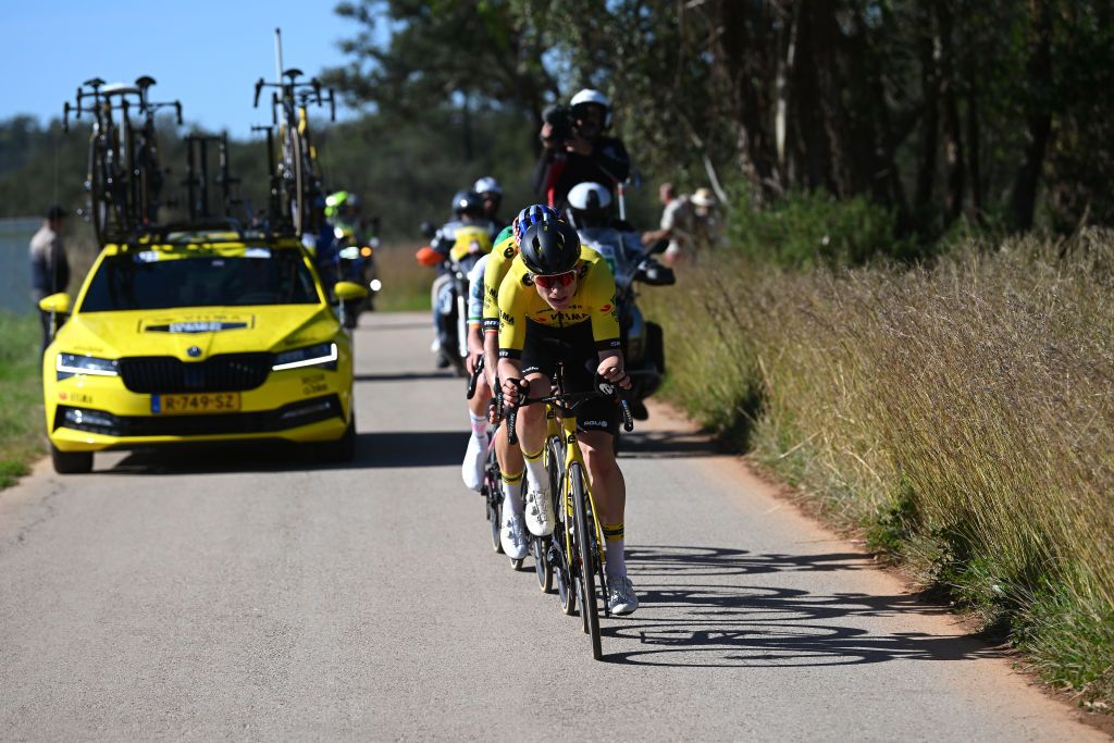 ALTO DO MALHAO PORTUGAL FEBRUARY 18 Per Strand Hagenes of Norway and Team Visma Lease a Bike leads the breakaway during the 50th Volta ao Algarve em Bicicleta 2024 Stage 5 a 1658km stage from Faro to Alto do Malhao 514m on February 18 2024 in Alto do Malhao Portugal Photo by Dario BelingheriGetty Images