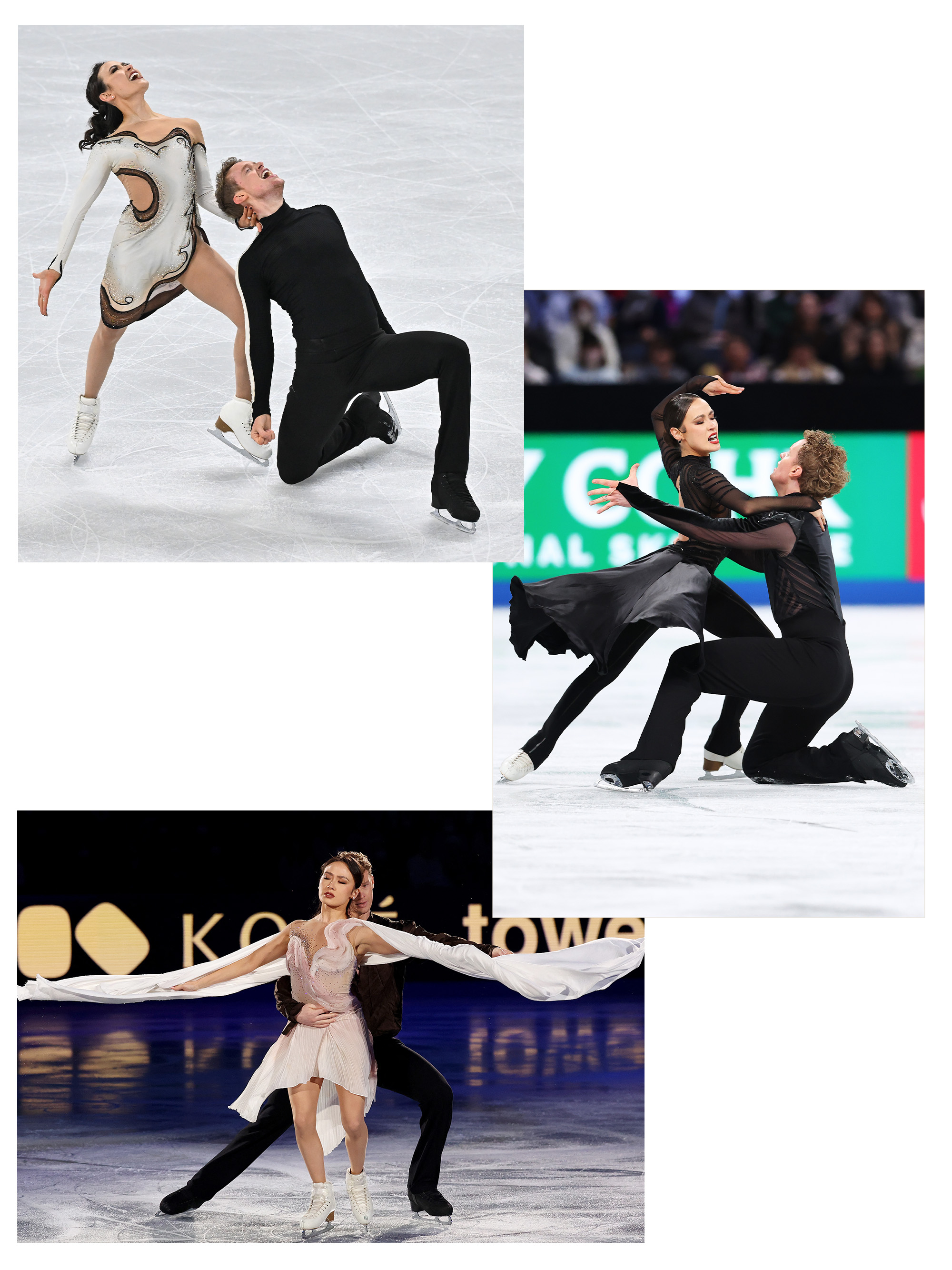 A collage of photos of Evan Bates and Madison Chock's ice dance costumes in the 2024 and 2025 seasons.