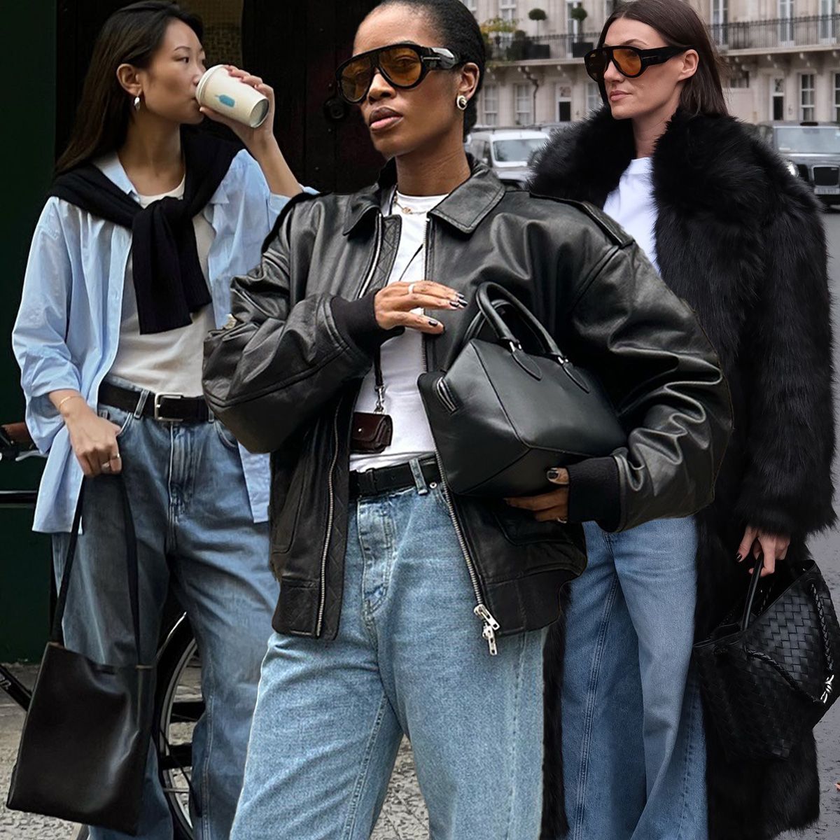 The best shoes to wear with baggy jeans are shown in a collage of street style photos of women's baggy jean outfits 