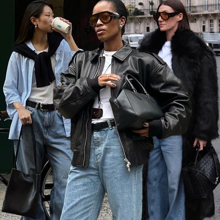 The best shoes to wear with baggy jeans are shown in a collage of street style photos of women's baggy jean outfits 