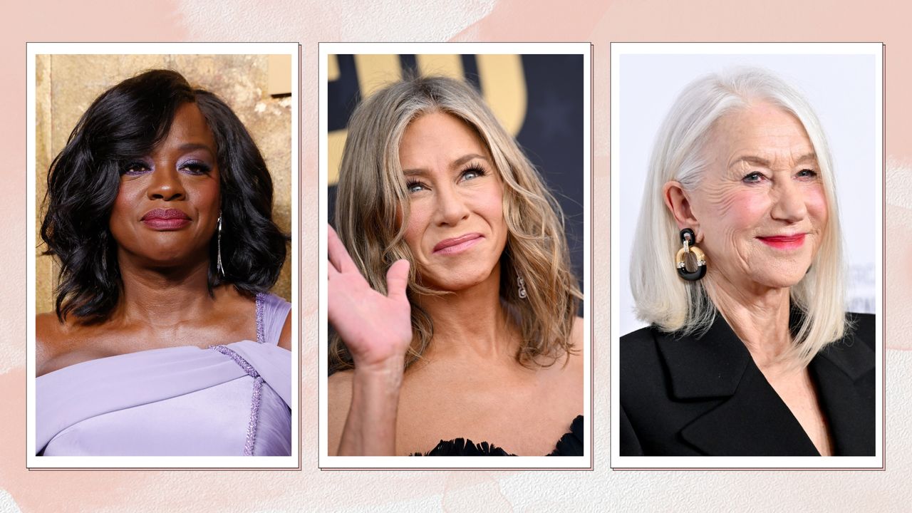 On the left, Viola Davis is pictured with a wavy collarbone bob whilst attending the Clooney Foundation for Justice&#039;s 2023 Albie Awards at New York Public Library on September 28, 2023 in New York City, alongside a picture of Jennifer Aniston with a tousled collarbone bob at the the 81st annual Golden Globe Awards at The Beverly Hilton hotel in Beverly Hills, California, on January 7, 2024 and finally, Helen Mirren is also pictured with a collarbone bob at the 37th Annual American Cinematheque Awards Honoring Helen Mirren held at The Beverly Hilton on February 15, 2024 in Beverly Hills, California/ in a pink watercolour-paint style template