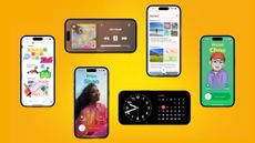 iOS 17 features displayed on a yellow background