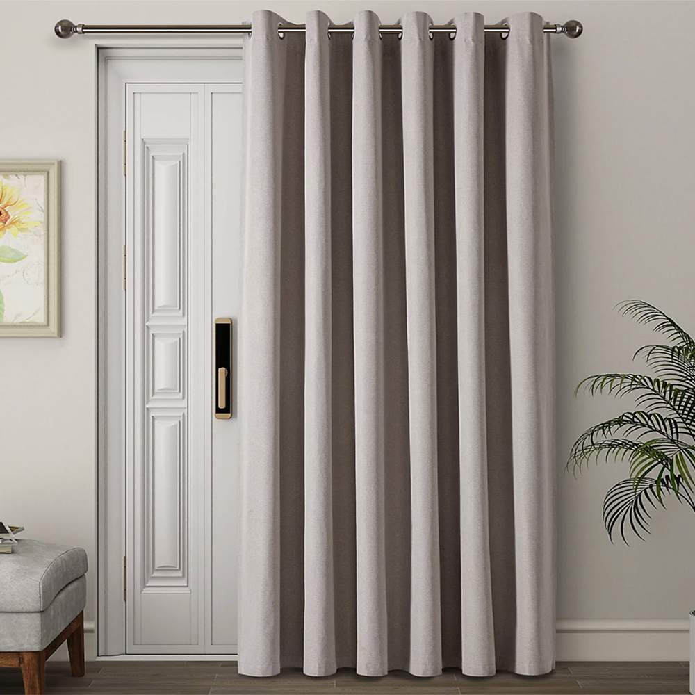 beige door curtain pulled halfway across a white front door