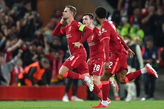 Jordan Henderson celebrating his goal with teammates