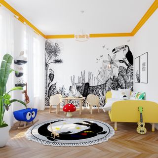 White kid's bedroom with a mural wall by Studio Sirio, yellow bed and yellow painted coving, herringbone flooring, kids table and chair set