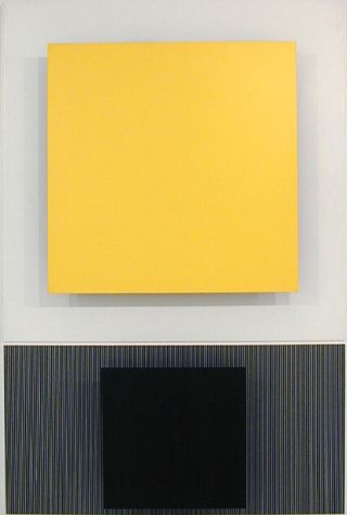 A yellow square against a white background, above a black square on a grey, striped background