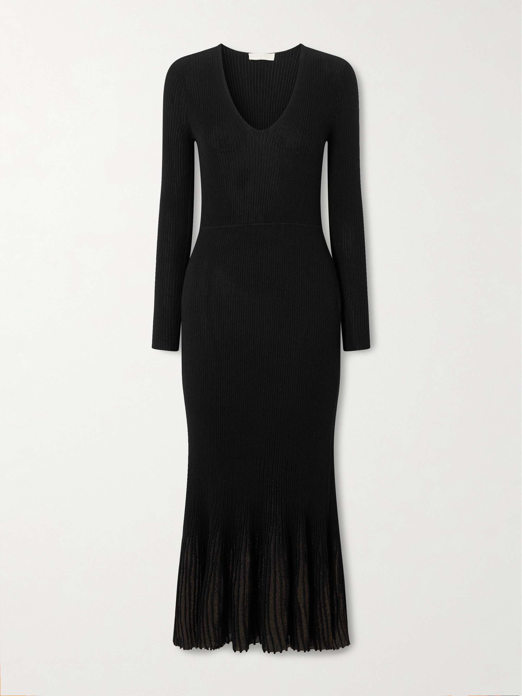 Zeda Pleated Metallic Ribbed-Knit Midi Dress