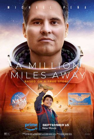 an astronaut in an orange space suit smiles. below him, a little boy holds up an ear of corn, pretending it's a space shuttle