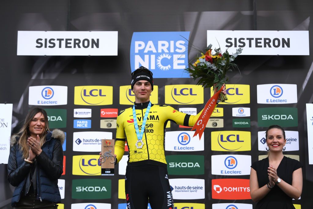 SISTERONFRANCE MARCH 07 Olav Kooij of The Netherlands and Team Visma Lease a Bike celebrates at podium as stage winner during the 82nd Paris Nice 2024 Stage 5 a 1935km stage from SaintSauveurdeMontagut to Sisteron UCIWT on March 07 2024 in Sisteron France Photo by Alex BroadwayGetty Images