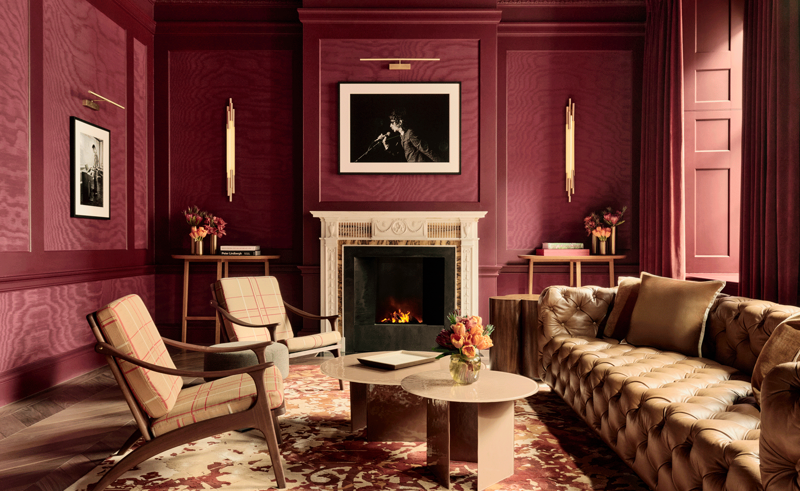 Red panelled living room with beige furniture