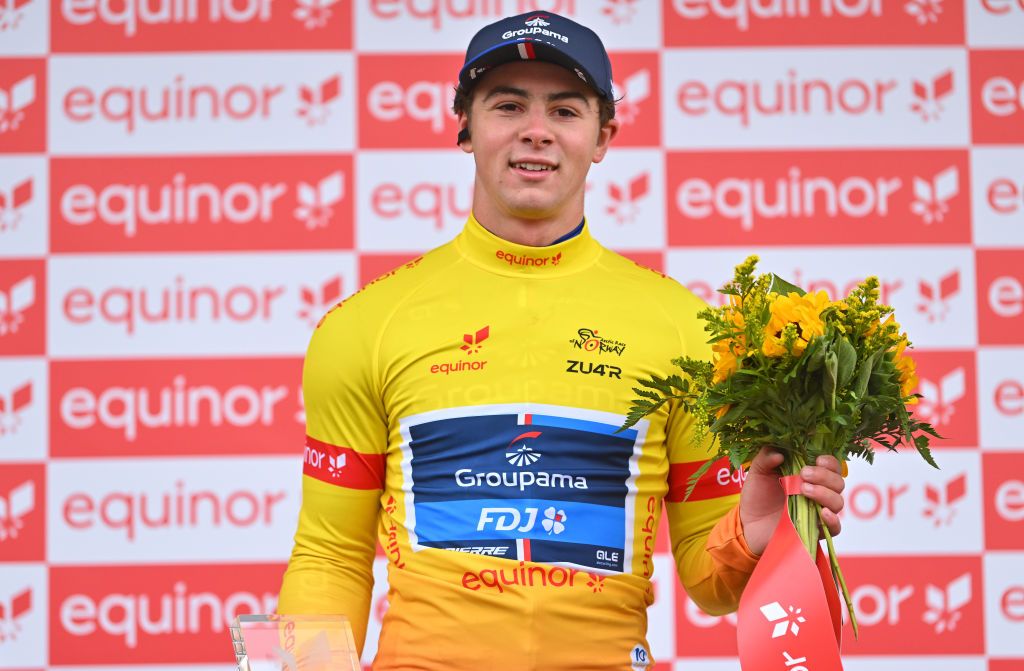 HAMMERFEST NORWAY AUGUST 18 Noah Hobbs of Great Britain and Team GroupamaFDJ Continental celebrates at podium as Yellow Leader Jersey winner during the 10th Arctic Race of Norway Stage 2 a 1534km stage from Alta to Hammerfest on August 18 2023 in Hammerfest Norway Photo by Luc ClaessenGetty Images