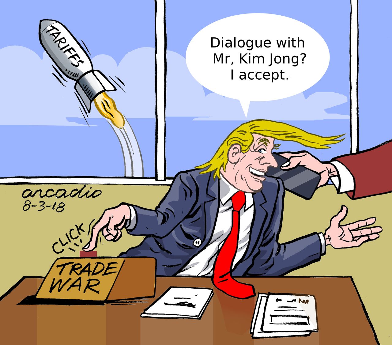 Political cartoon U.S. Trump trade war tariffs Kim Jong-Un North Korea negotiations