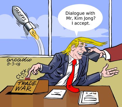 Political cartoon U.S. Trump trade war tariffs Kim Jong-Un North Korea negotiations