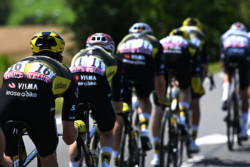 ROUEN, FRANCE - JULY 08: Detailed view of Sepp Kuss of The United States and Team Visma | Lease a Bike competes during the 112th Tour de France, Stage 4 a 174.2km stage from Amiens Metropole to Rouen / #UCIWT / on July 08, 2025 in Rouen, France. (Photo by Tim de Waele/Getty Images)