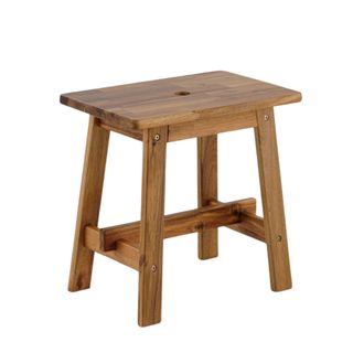An angled rectangular dark brown wooden stool