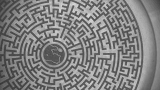 closeup of a maze-like diagram, with the silhouette of a detective with a magnifying glass at its center