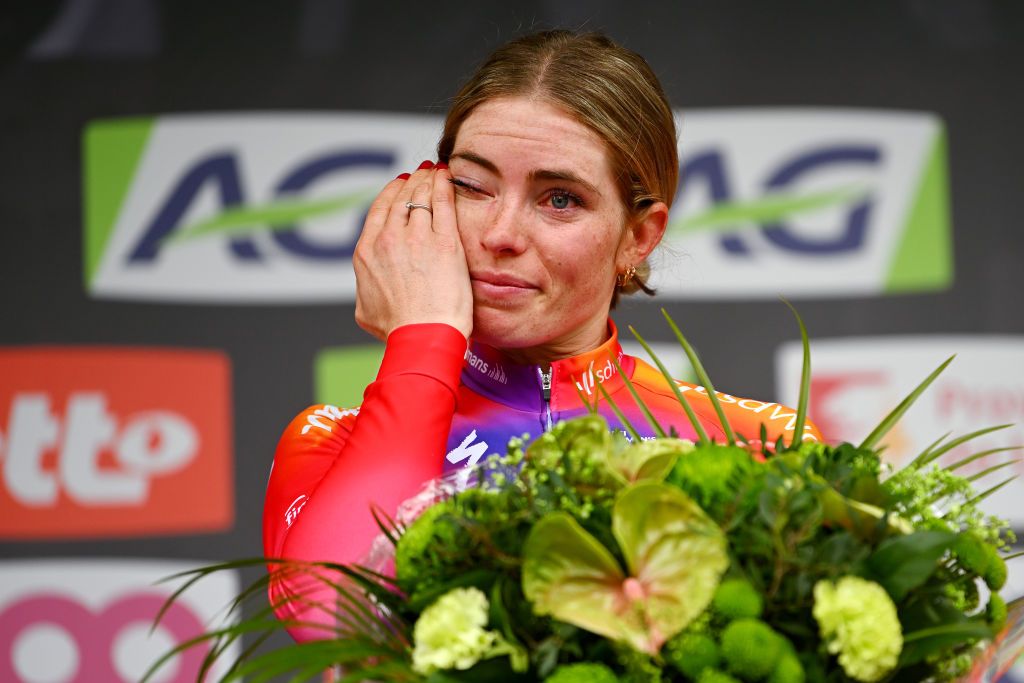 LIEGE BELGIUM APRIL 23 Demi Vollering of The Netherlands and Team SD Worx celebrates at podium as race winner during the 7th Liege Bastogne Liege 2023 Womens Elite a 1428km one day race from Bastogne to Lige UCIWWT on April 23 2023 in Lige Belgium Photo by Luc ClaessenGetty Images