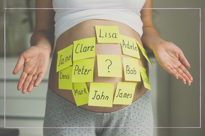 baby names written on post-it notes on pregnant tummy