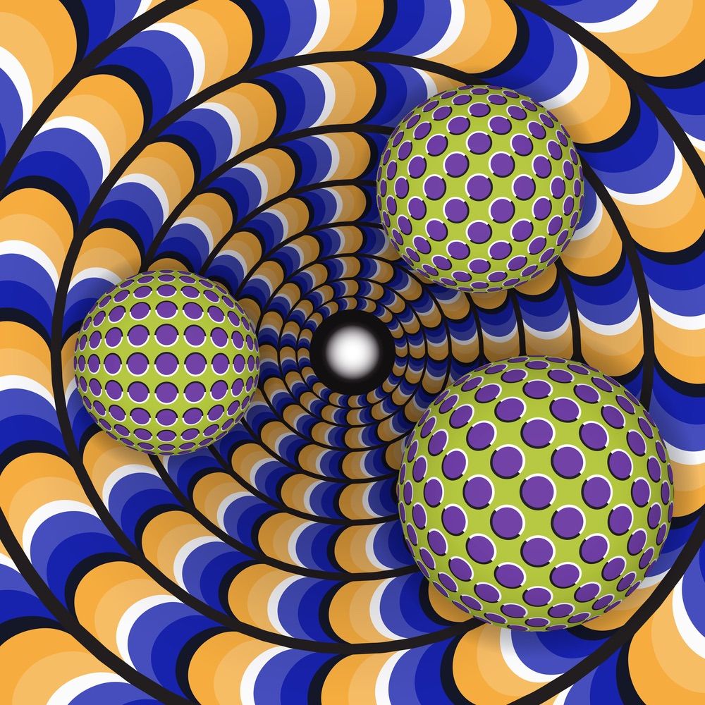 Optical illusion of rotation of three ball around of a moving hole. Abstract illustration.