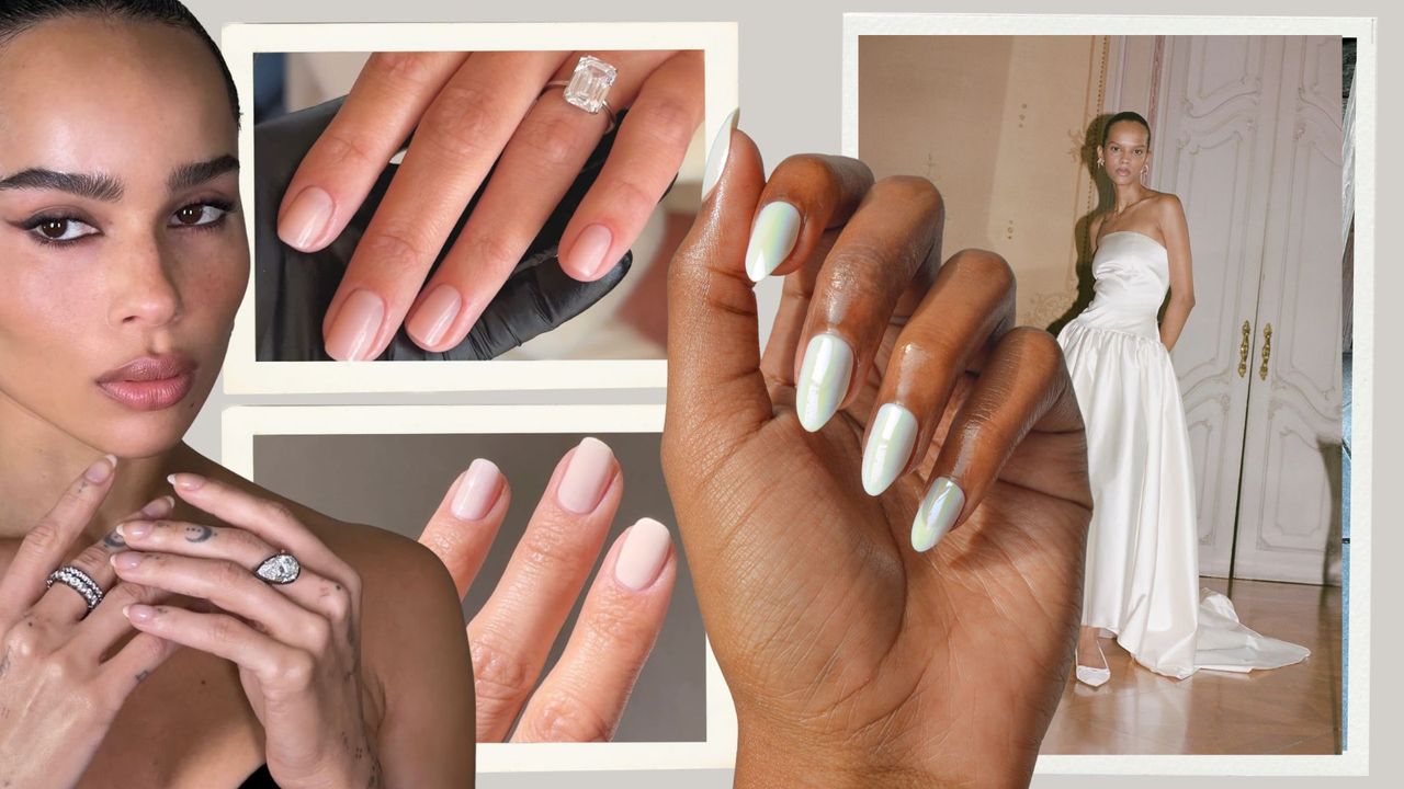 A collage showcasing some of the best wedding nail designs. 