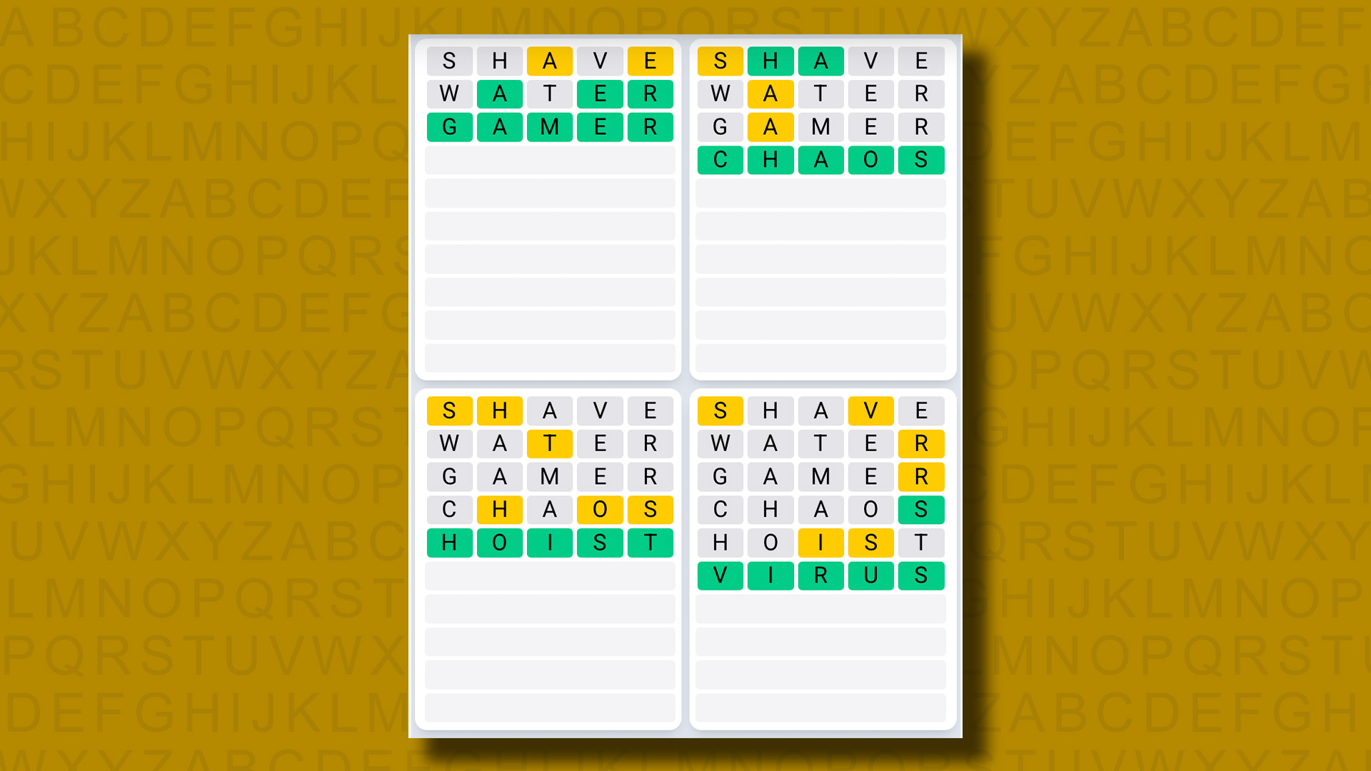 Quordle Daily Sequence answers for game 1154 on a yellow background