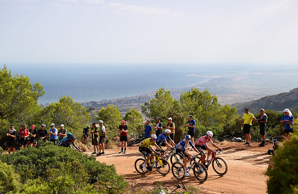 CASTELLO, SPAIN - AUGUST 27: (L-R) Wout Van Aert of Belgium and Team Visma | Lease a Bike, Callum Thornley of Great Britain and Team Red Bull - BORA - hansgrohe and Lars Craps of Belgium and Team Lotto Intermarche compete in the chase group passing through the Puerto El Bartolo gravel strokes sector during the La Vuelta - 81st Tour of Spain 2026, Stage 6 a 177.4km stage from Alcossebre to Castello / #UCIWT / on August 267 2026 in Castello, Spain. (Photo by Tim de Waele/Getty Images)