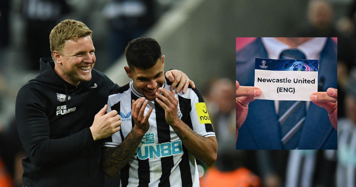 Eddie Howe and Bruno Guimaraes celebrate at full-time vs Brighton