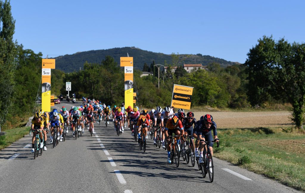 PRIVAS FRANCE SEPTEMBER 02 Tony Martin of Germany and Team Jumbo Visma Dylan Van Baarle of The Netherlands and Team INEOS Grenadiers Sonny Colbrelli of Italy and Team Bahrain Mclaren Egan Arley Bernal Gomez of Colombia and Team INEOS Grenadiers Peloton during the 107th Tour de France 2020 Stage 5 a 183km stage from Gap to Privas 277m TDF2020 LeTour on September 02 2020 in Privas France Photo by Tim de WaeleGetty Images