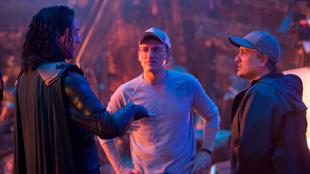 Tom Hiddleston and Anthony and Joe Russo on the set of Avengers: Infinity War.