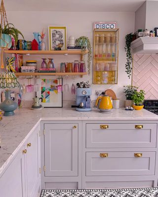 A kitchen corner with colorful appliances