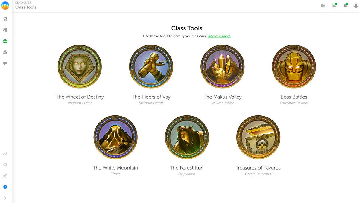 Classcraft screenshot showing tools for gamification such as The wheel of Destiny and The Riders of Vay