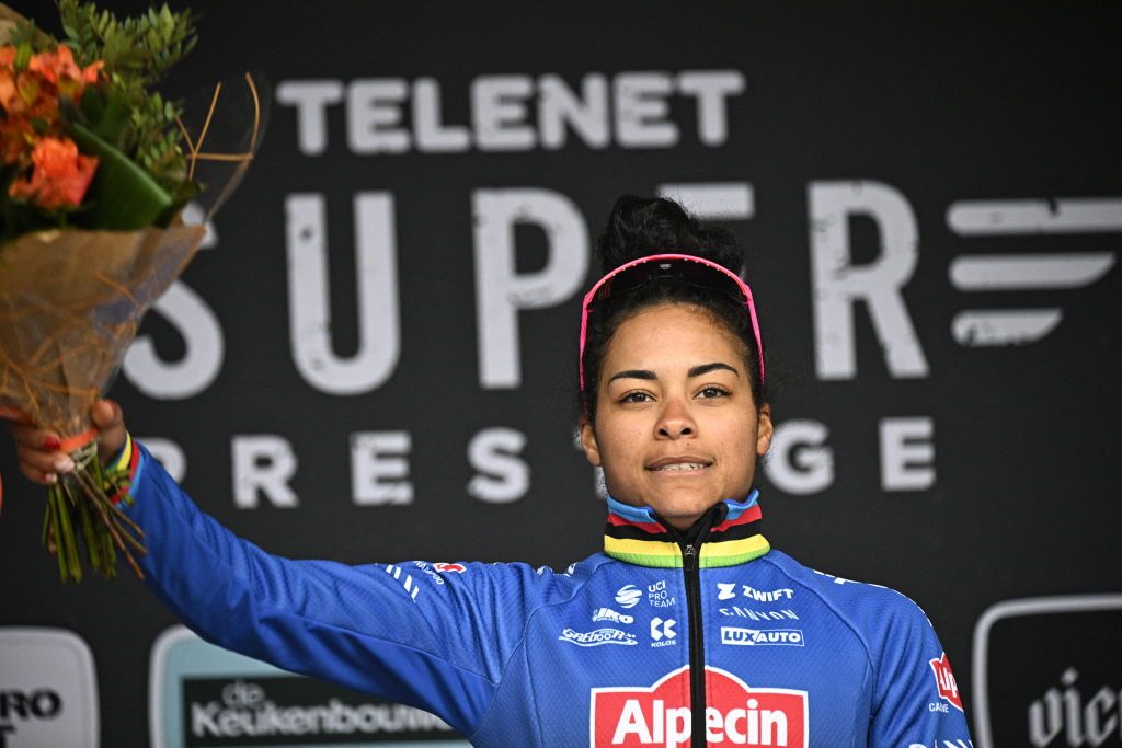 Ceylin Del Carmen Alvarado celebrates on the podium after winning Heusden-Zolder Superprestige race
