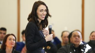 Prime Minister Jacinda Ardern speaks during a community meeting with COVID-19 community responders at Wainuiomata's Memorial Hall on July 30, 2020, in Wellington, New Zealand.
