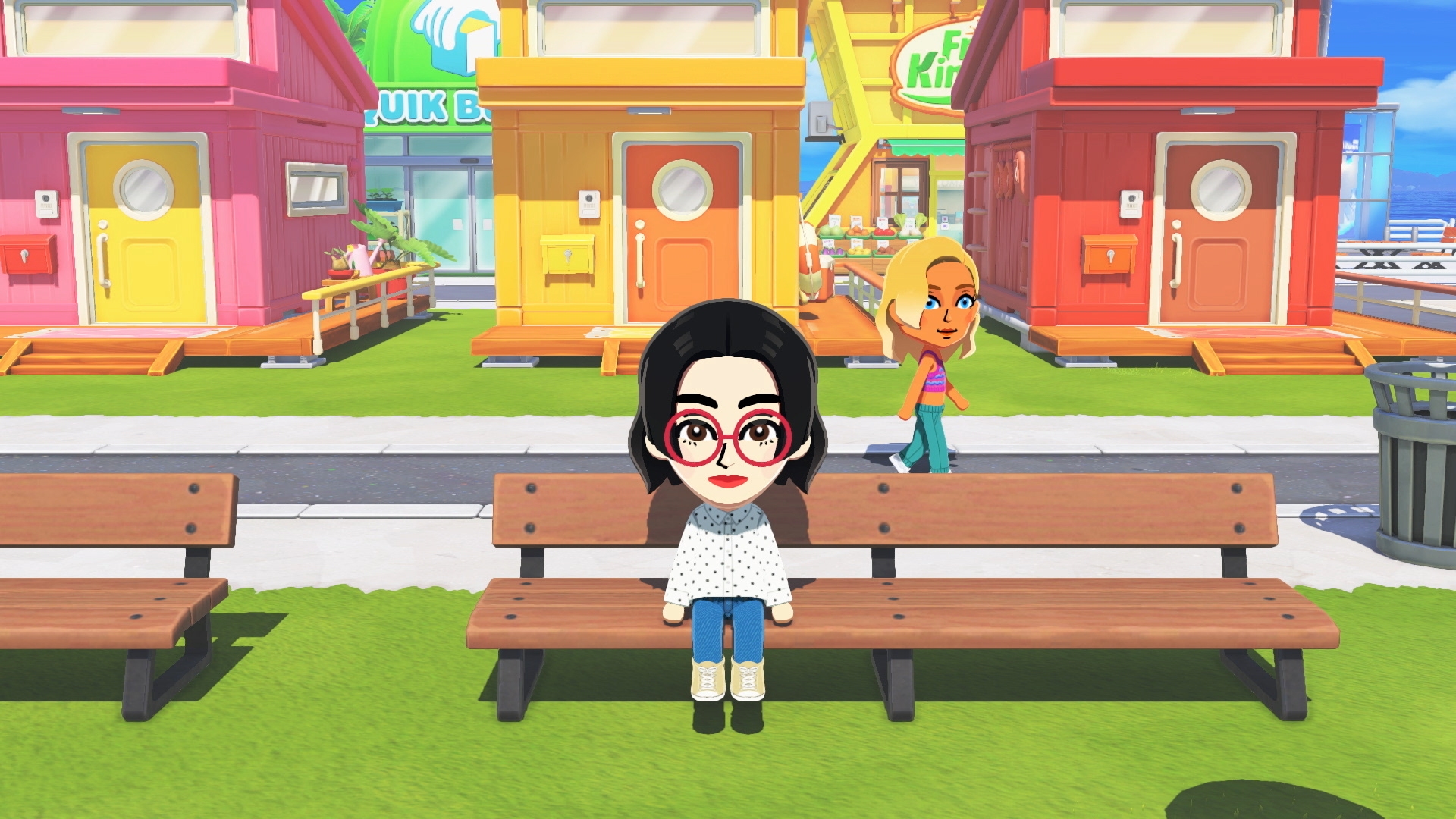 A glasses-wearing Mii sits on a bench, while another looks at the camera from a distance.