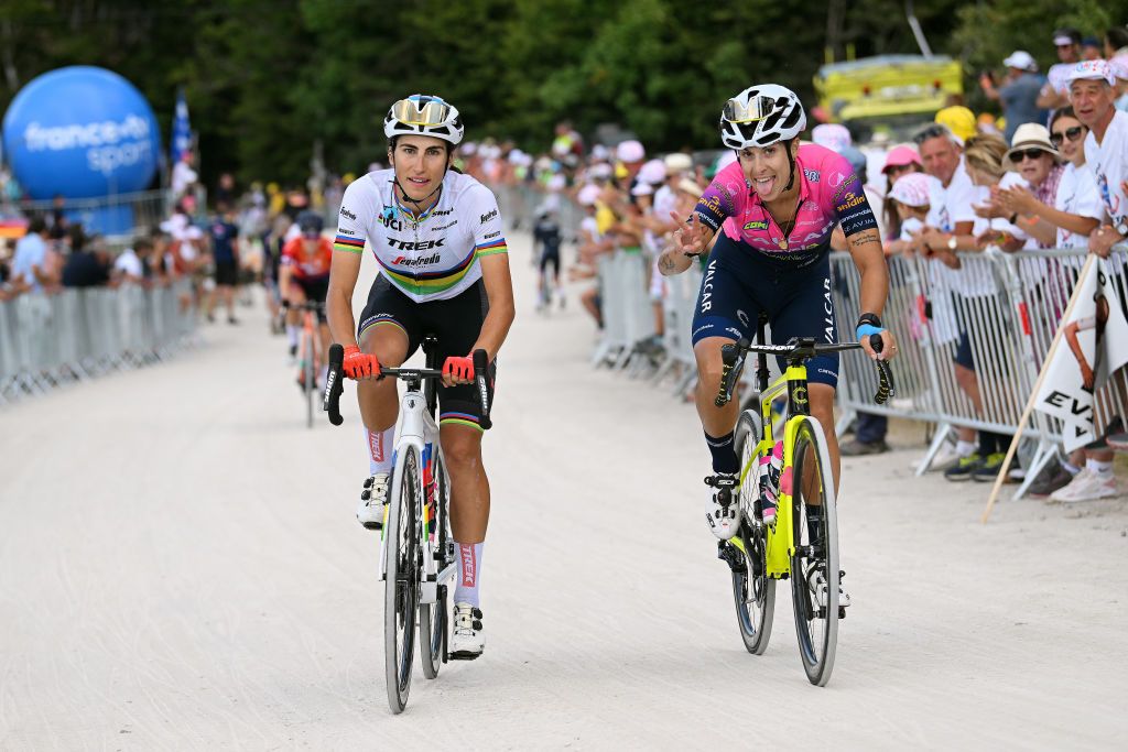 PLANCHE DES BELLES FILLES FRANCE JULY 31 LR Elisa Balsamo of Italy and Team Trek Segafredo and Ilaria Sanguineti of Italy and Team Valcar Travel Service compete during the 1st Tour de France Femmes 2022 Stage 8 a 1233km stage from Lure to La Super Planche des Belles Filles TDFF UCIWWT on July 31 2022 in Planche des Belles Filles France Photo by Dario BelingheriGetty Images