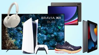 Sony headphones, Bravia OLED TV, PS5, Samsung tablet, iPad and Asics sneakers