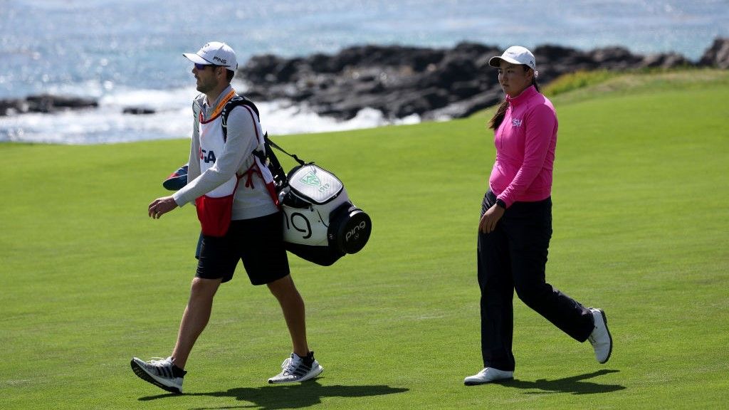 Allisen Corpuz and her caddie at Pebble Beach in the U.S. Women&#039;s Open GettyImages-1526456904