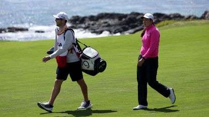 Allisen Corpuz and her caddie at Pebble Beach in the U.S. Women's Open GettyImages-1526456904