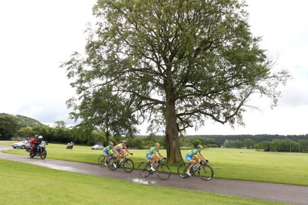 The leaders still together with three laps to go