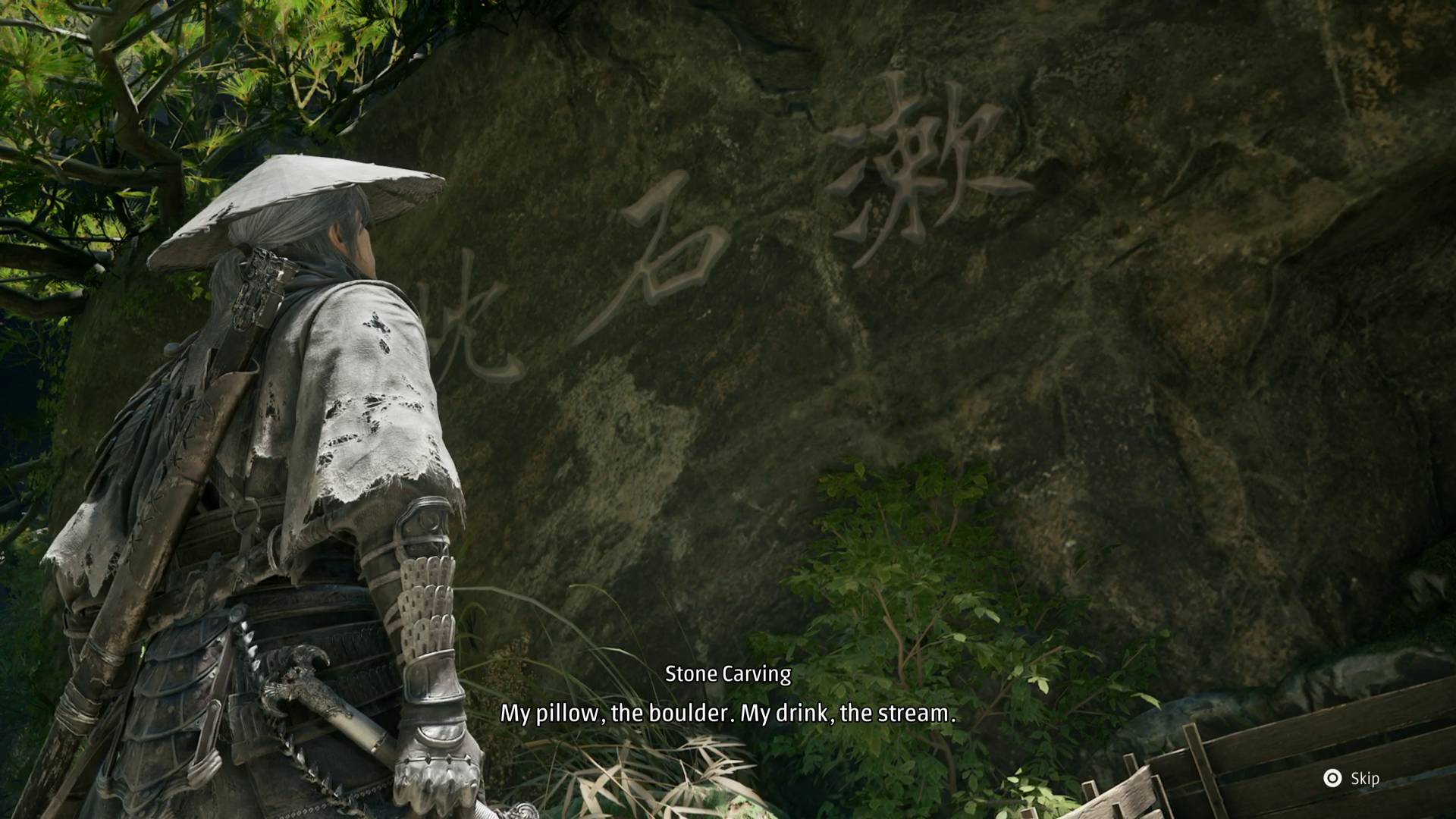 Phantom Blade Zero Soul looking at stone carving writing in cliff wall